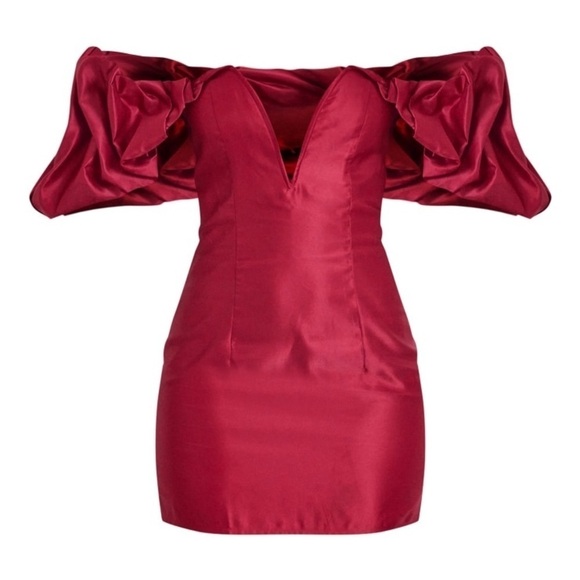 PrettyLittleThing Burgundy Satin Ruffle Low Cut Mini Dress Nwt Size 8 - Picture 5 of 6